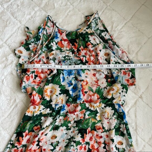 Zara Basic | Z1975 Denim Floral Halter Ruffle Sleeveless Mini Dress | Size Large - Picture 10 of 12